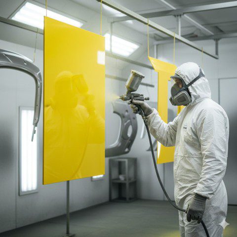 Superior Coaters powder technician applying a high gloss yellow powder coat