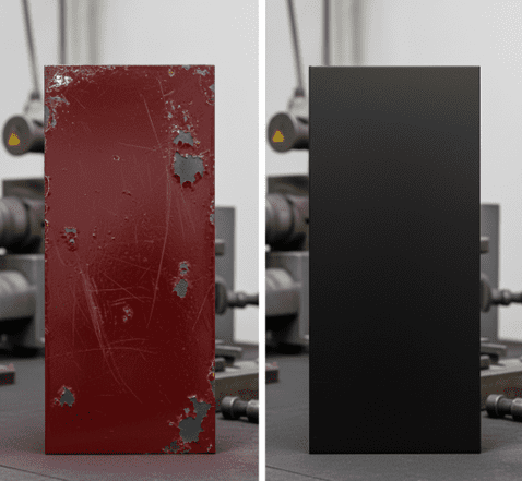 Split-screen durability test comparing chipped liquid paint on metal vs smooth powder coated metal surface