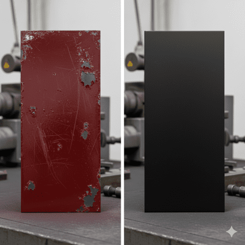 Split-screen durability test comparing chipped liquid paint on metal vs smooth powder coated metal surface