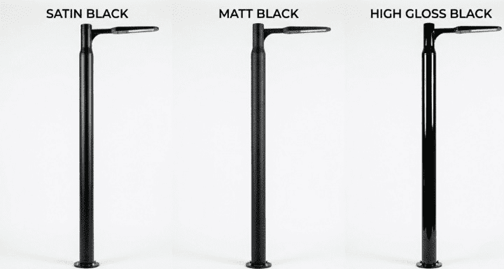 Black steer poles powder coated in Satin black, matt black and high gloss black