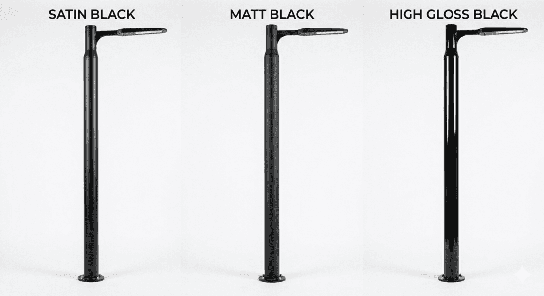 Black steer poles powder coated in Satin black, matt black and high gloss black