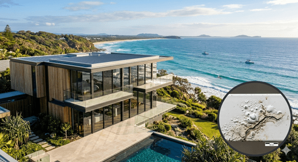 House near the sea with badly done powder coating that is degrading