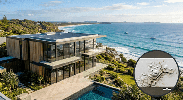 House near the sea with badly done powder coating that is degrading