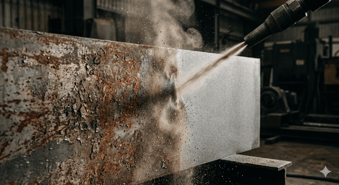 close-up Sandblasting, powder coat preparation