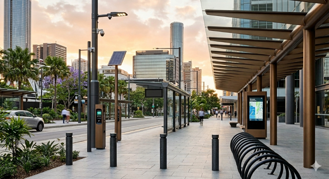 a smart city with powder coated street poles, bike racks and shade structures