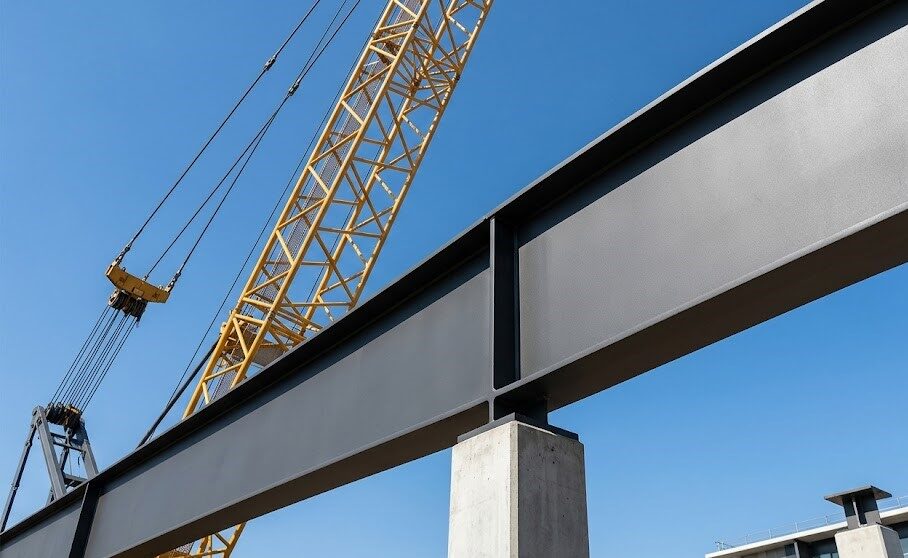 A seamless 14-metre powder-coated steel universal beam being lifted into place by a construction crane