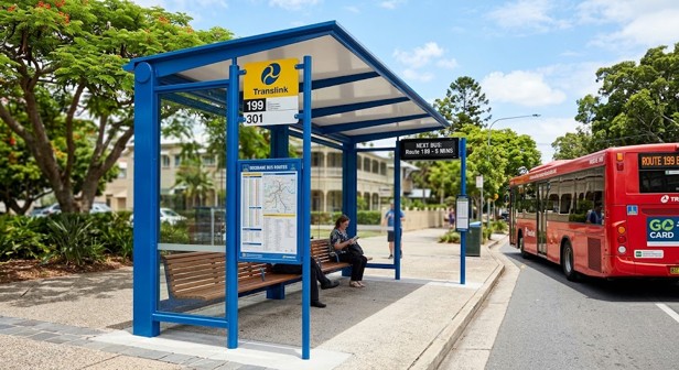 Blue powder-coated public bus stop shelter in Brisbane