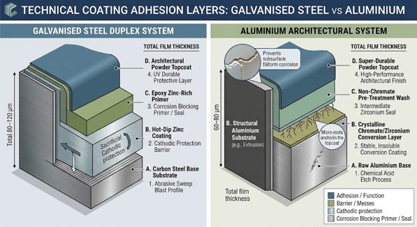 technical powder coating adhesion layers for galvanised steel and aluminium
