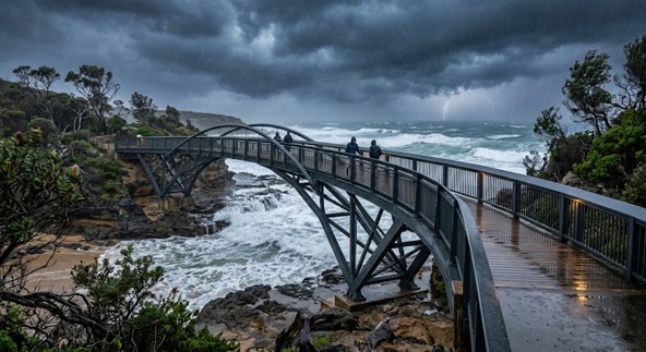 Powder coated pedestrian bridge in a storm